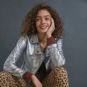 Brisa Metallic Cropped Faux Leather Moto Jacket In Silver